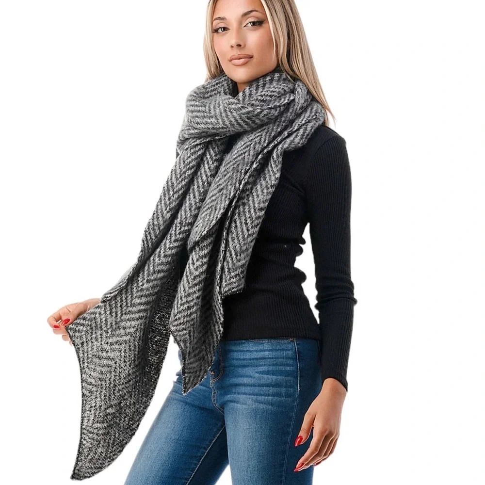 Marcus Adler The Lucia Large Scarf Wrap Black and White Herringbone NWT